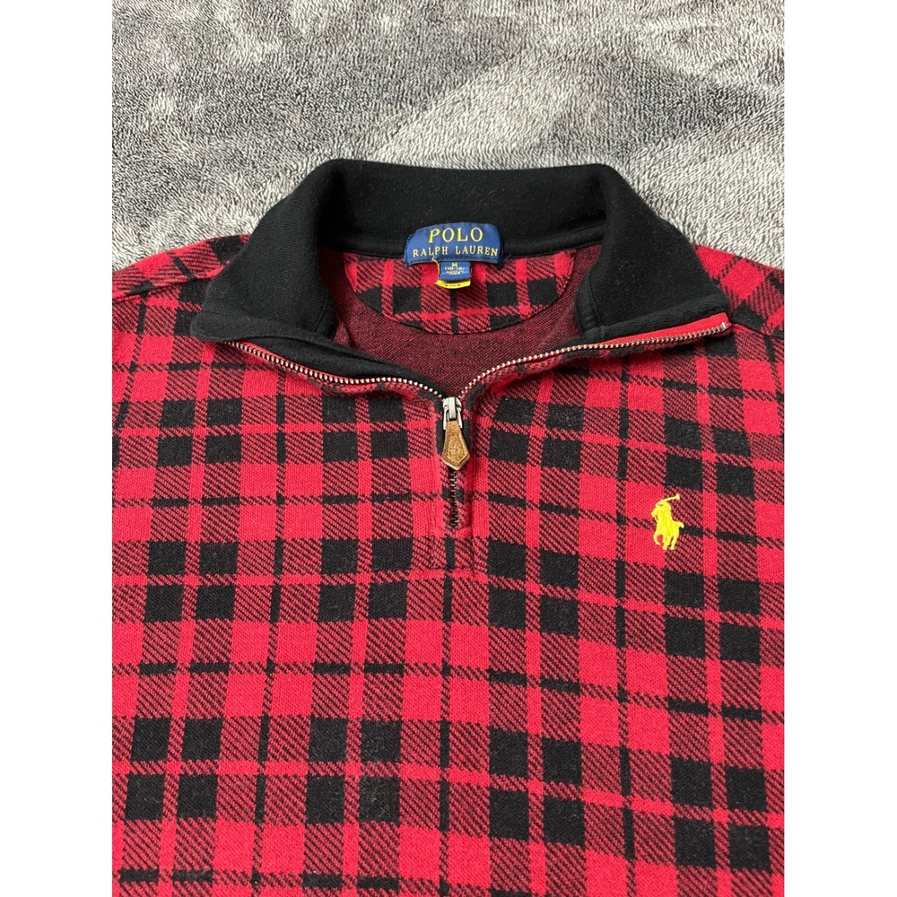 Polo Ralph Lauren Boys Red Black Plaid Quarter Zip Pullover Sweatshirt Size M - Picture 3 of 7